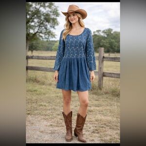 VTG Double D Ranch Blue Long Sleeve Denim Cinch Waist Dress Rodeo Ranch